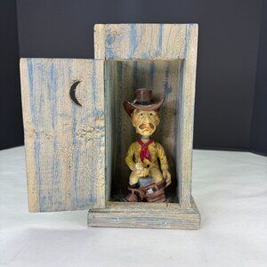Vintage Wood Outhouse Bobble Head Cowboy Figurine - Rustic Western Decor - Handc